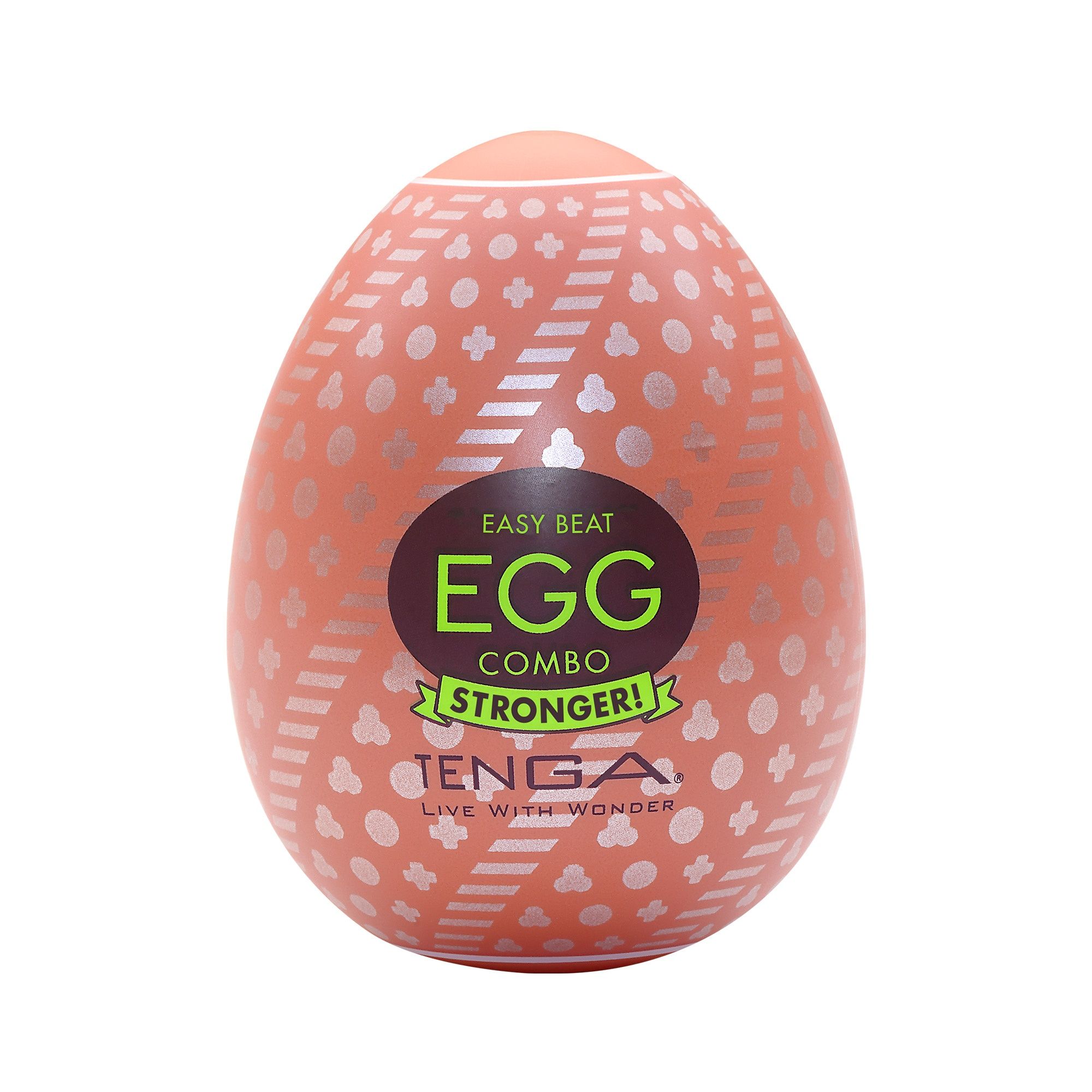 Orange Eiform-Verpackung mit silbernem Muster. Beschriftung: "EASY BEAT EGG COMBO STRONGER!" und "TENGA".