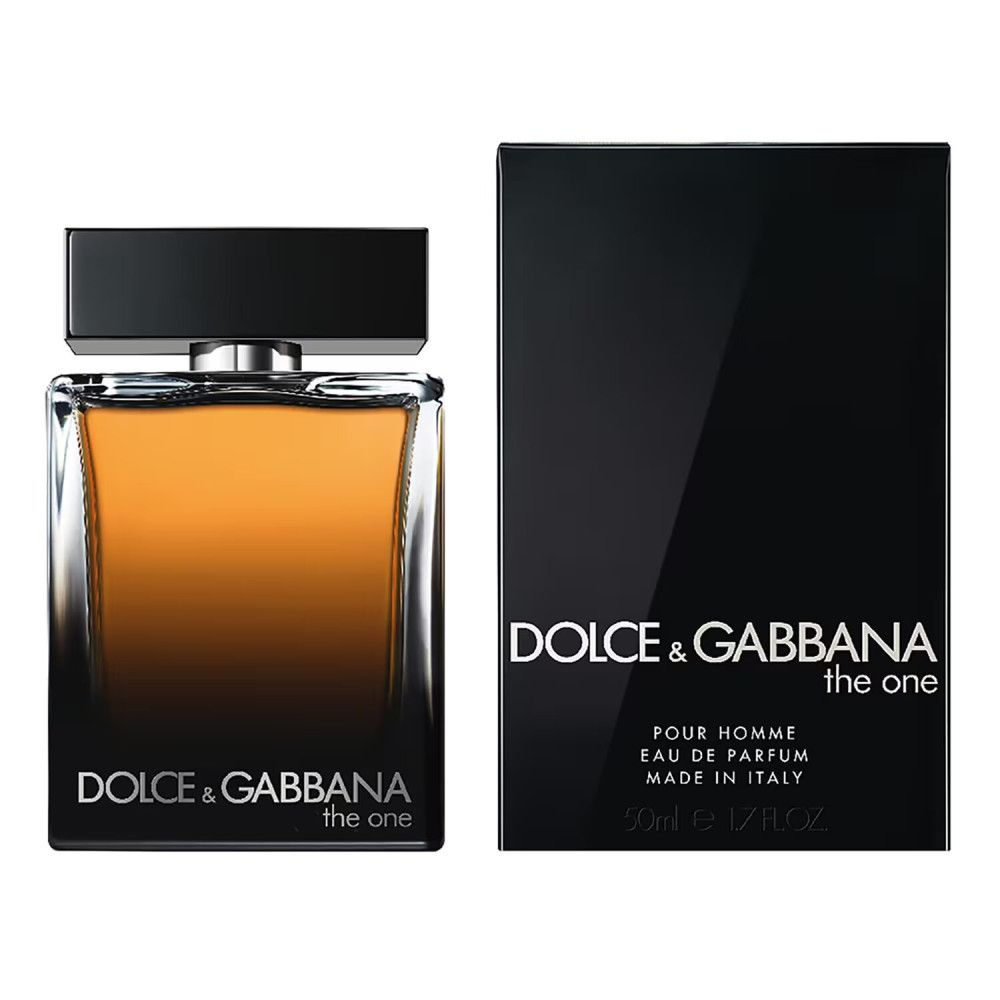 Flakon und Verpackung von Dolce & Gabbana The One For Men. Schwarzer Deckel, rechteckiger Flakon, braune Flüssigkeit. Schwarze Verpackung.