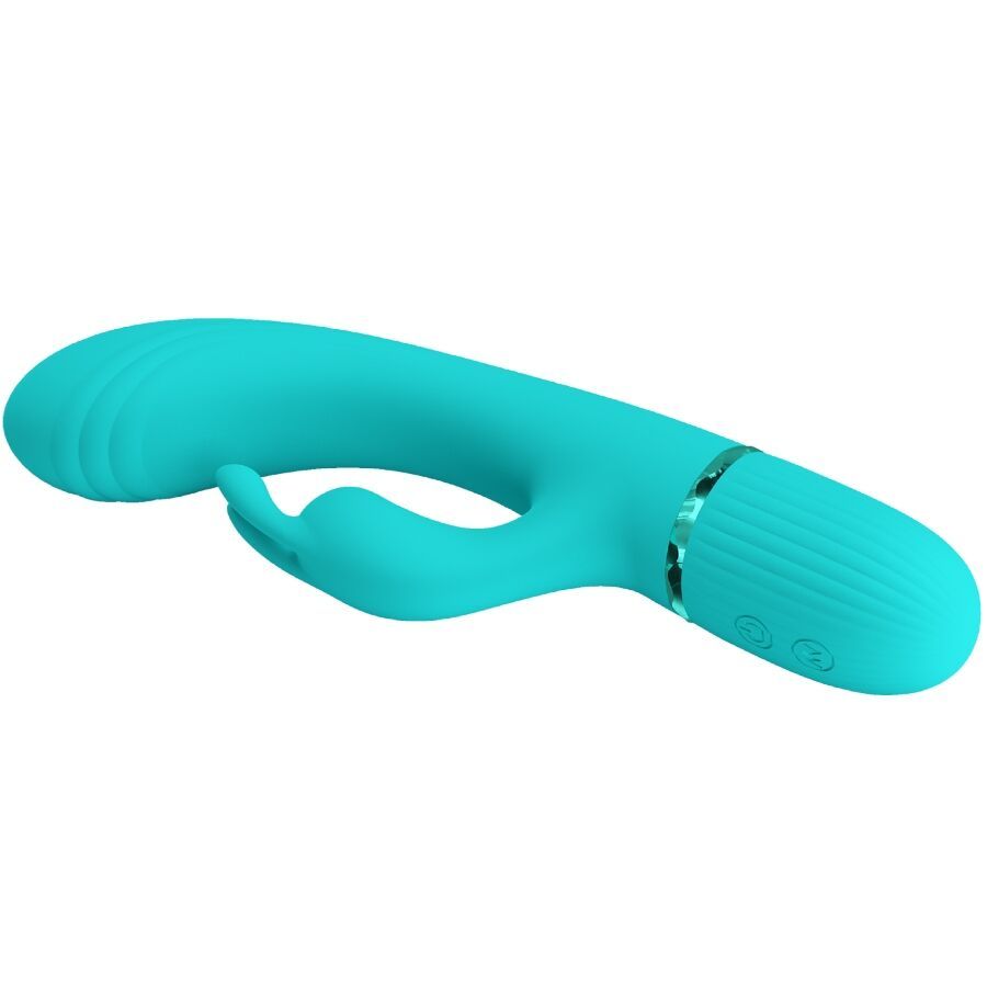 Türkiser Rabbit-Vibrator aus Silikon, schräg von oben gezeigt, mit gebogener Form und zwei Stimulatoren.
