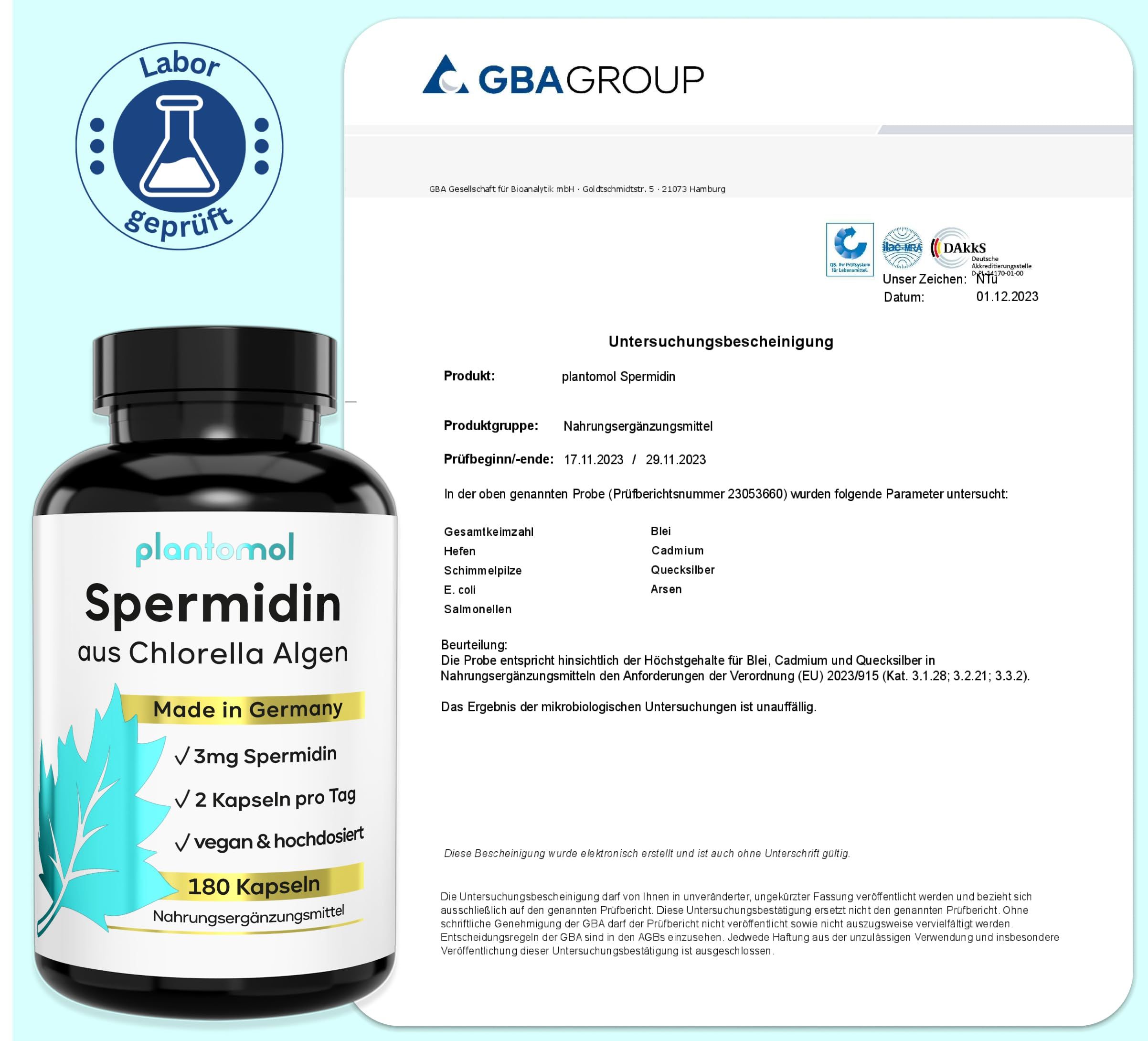 Schwarze Flasche mit Etikett und Labor-geprüft-Siegel. Daneben ein Zertifikat der GBA Group mit Produktinformationen und Testergebnissen.