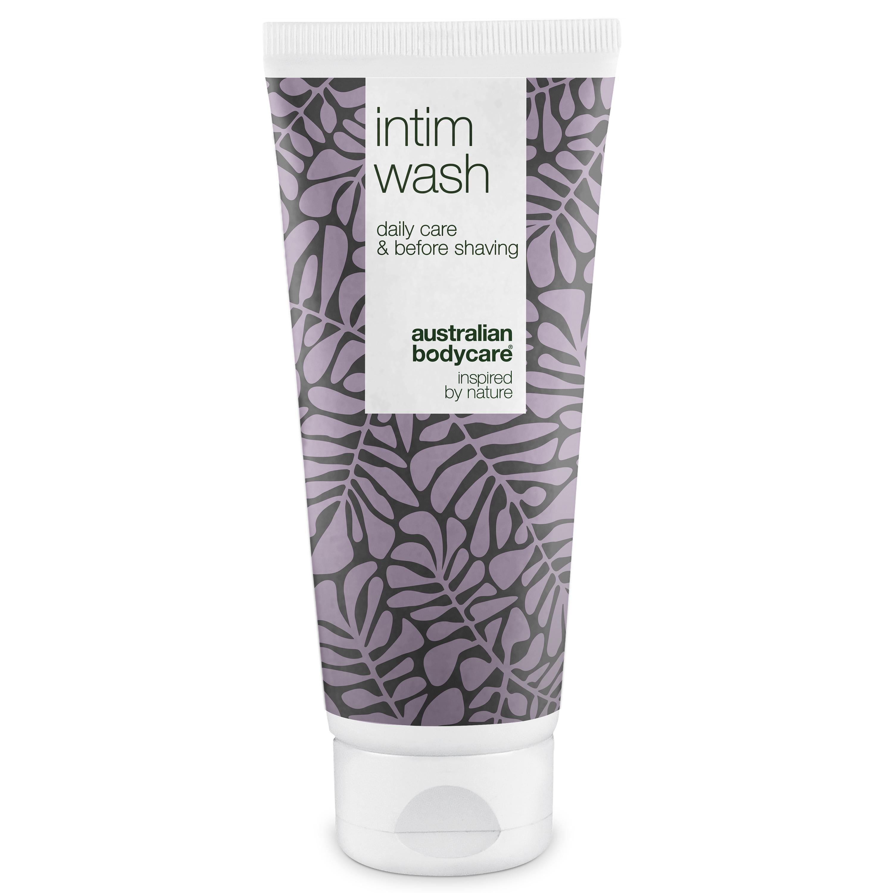 Tube mit Intimwaschmittel. Weißer Deckel, lila Blättermuster. Text: Intim Wash, daily care & before shaving, Australian Bodycare.