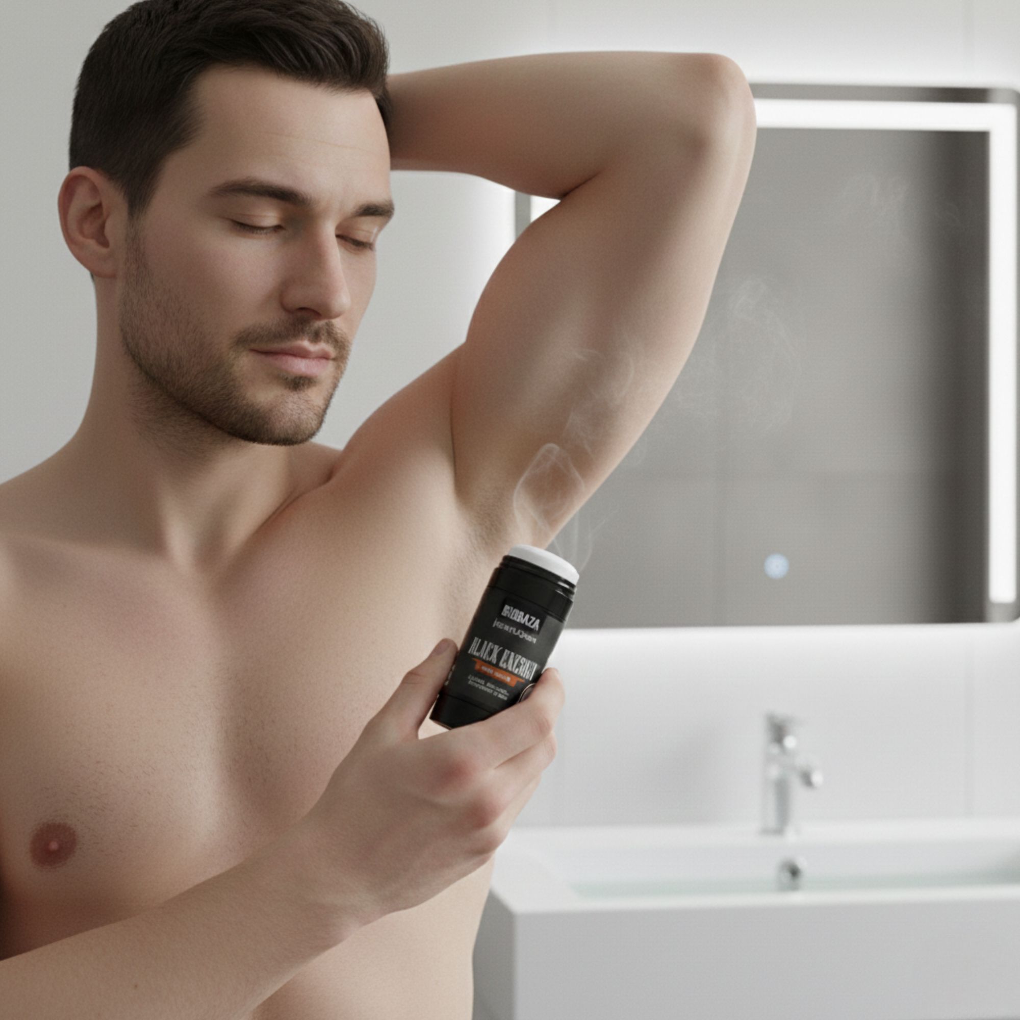 Mann benutzt einen schwarzen Deo-Stick. Sichtbar: Biobaza Black Energy.