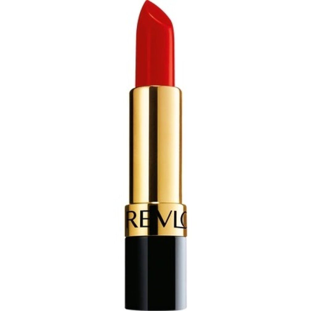 Roter Lippenstift, goldene Hülse mit schwarzem Boden. Marke REVLON sichtbar.