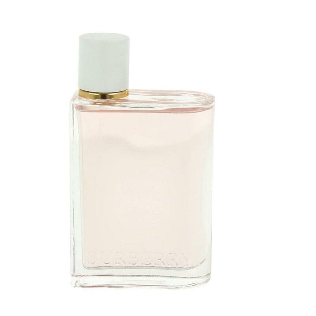 Glasflakon mit rosa Flüssigkeit. Weißer Verschluss mit goldenem Ring. Burberry-Logo.