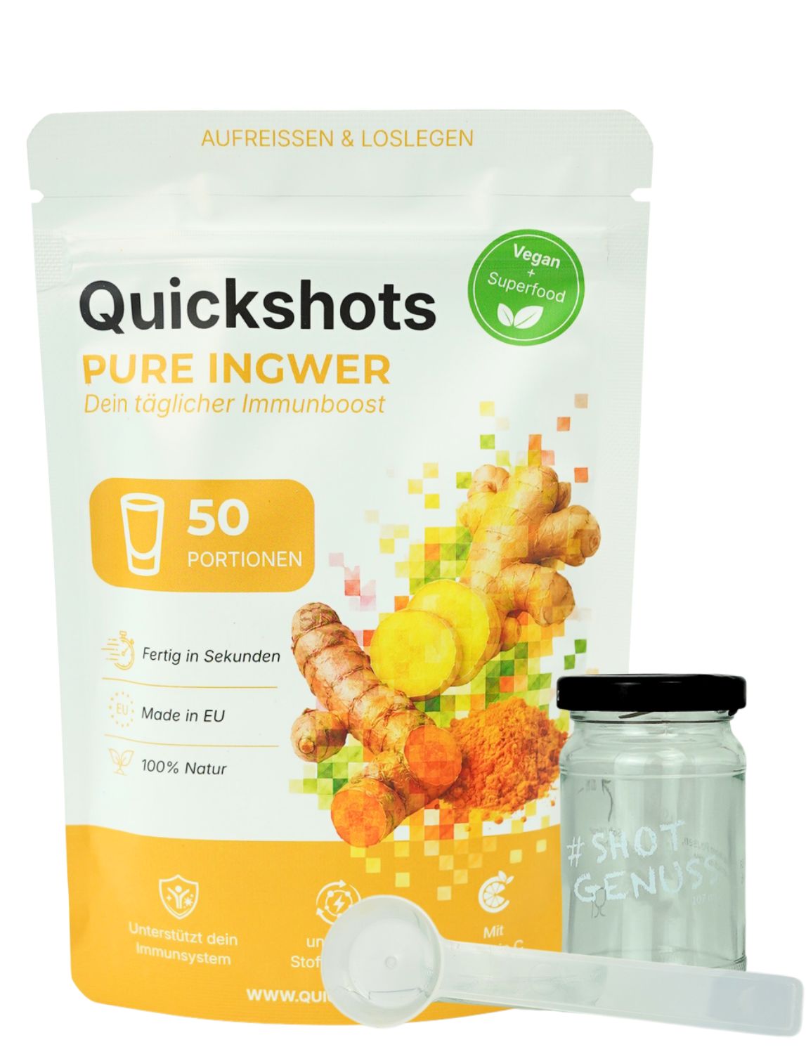Quickshots PURE INGWER Beutel mit Ingwer und Messlöffel. Enthält 50 Portionen. Vegan und Superfood.