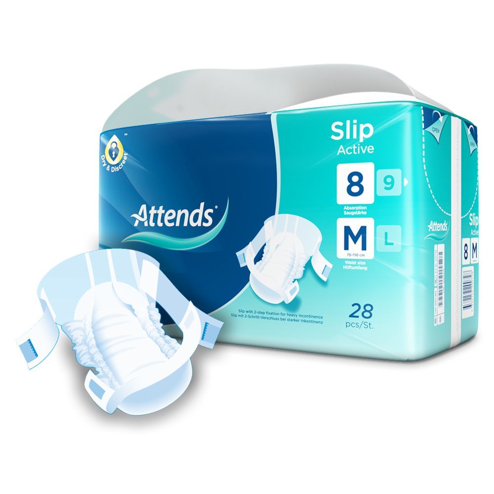 Attends Slip Active 8 M. Weiße Inkontinenzvorlage mit blauen Verschlüssen. Packung mit 28 Stück. Produktname und Logo sichtbar.