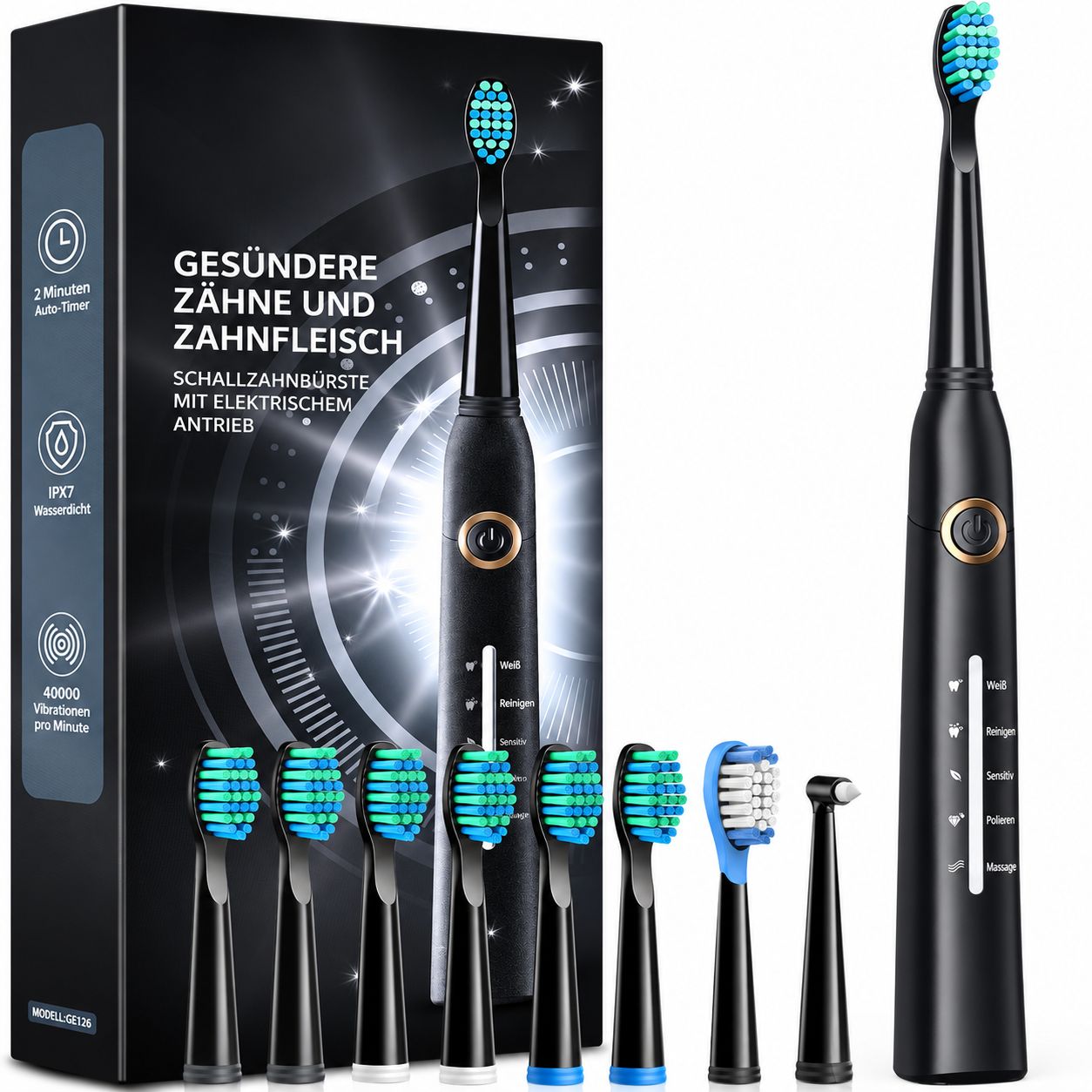 Schwarze elektrische Zahnbürste mit Ladebox und Ersatzbürstenköpfen.