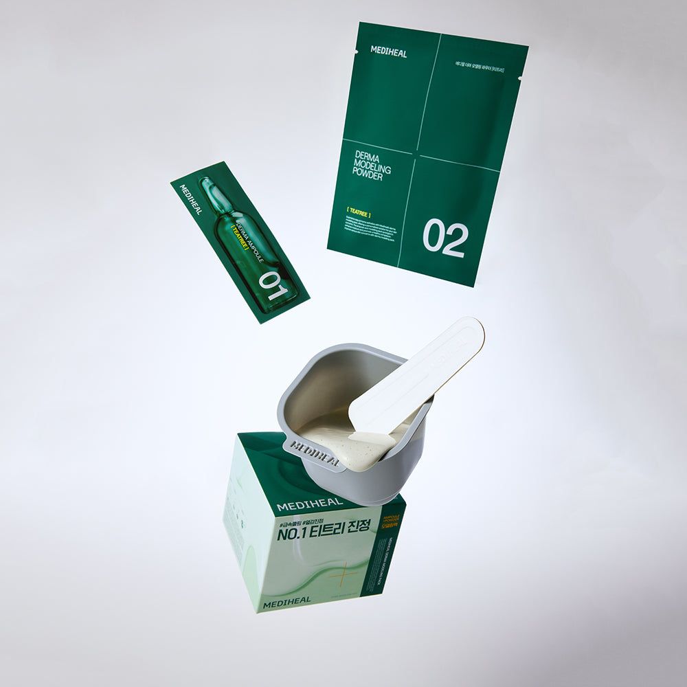 Produktkomponenten: Ampulle, Puderbeutel, Behälter, Verpackung. Marke und Produktname sichtbar.