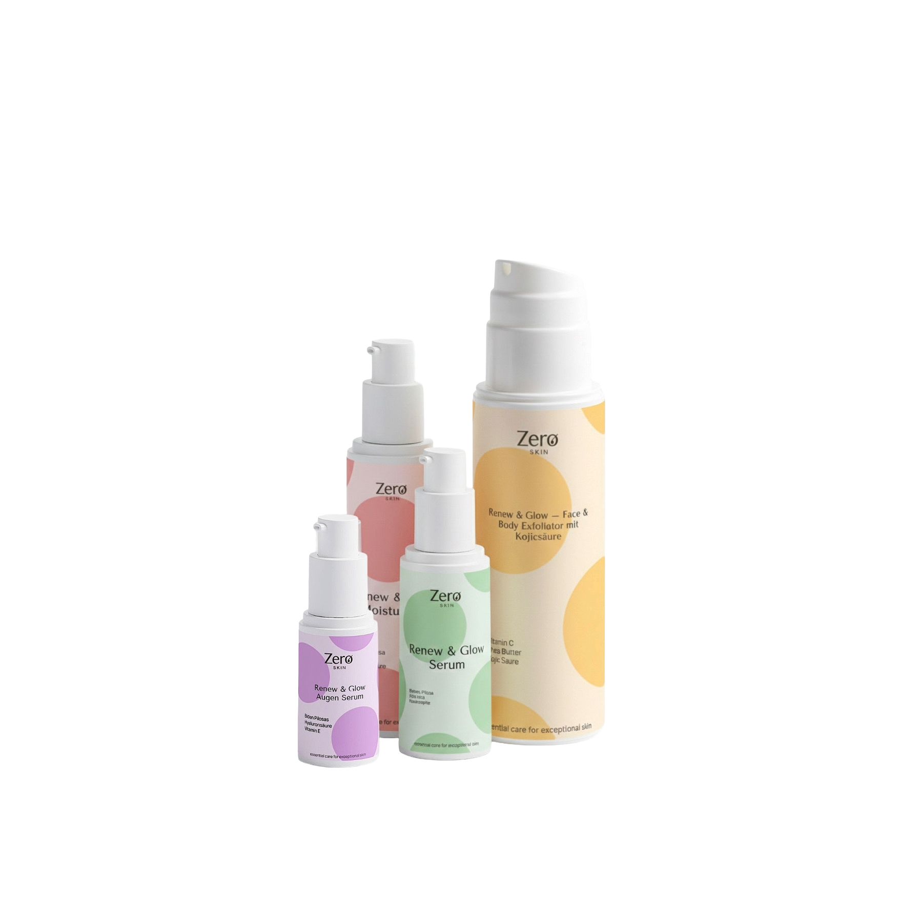 Vier Flaschen Zero Skin Produkte. Verschiedene Größen und Farben. Mit Pumpaufsätzen. Aufschrift: Zero Skin.