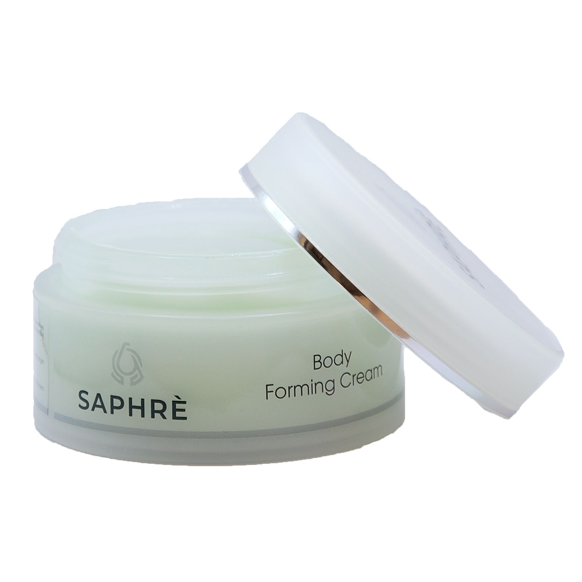 Geöffneter Behälter mit Saphre Body Forming Cream. Weißer Deckel daneben. Grüne Creme. Text: Body Forming Cream.