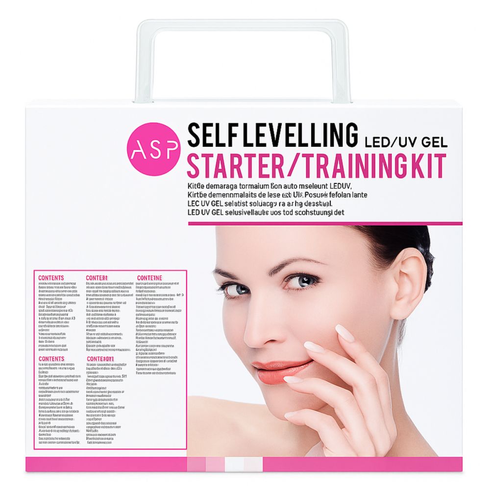 Weiße Box mit Tragegriff. Aufdruck: ASP, SELF LEVELLING LED/UV GEL STARTER/TRAINING KIT. Abgebildet ist ein Frauenporträt. Text in mehreren Sprachen.