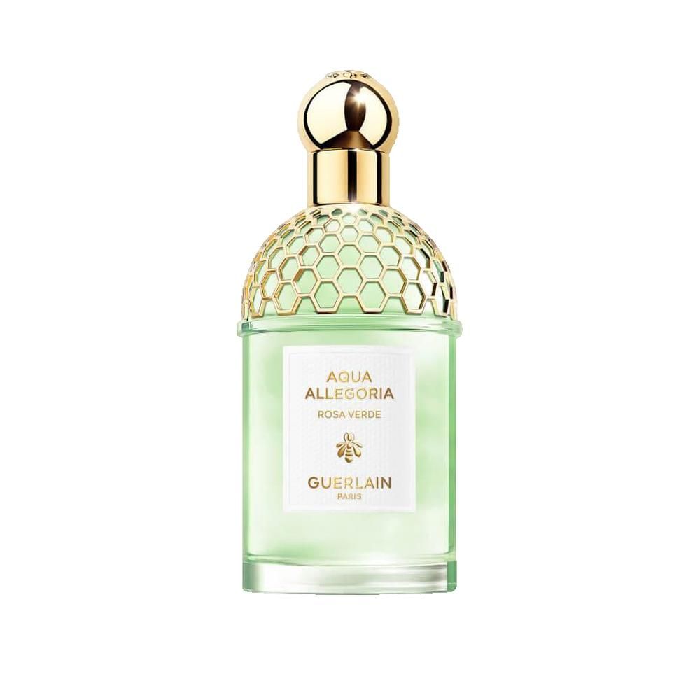 Grüne Glasflasche mit goldfarbenem Deckel. Aufschrift: Aqua Allegoria Rosa Verde, Guerlain.