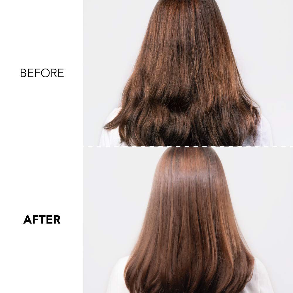 Vorher-Nachher-Vergleich von Haaren. Oben: ungebändigt. Unten: glatt und glänzend. Text: Before, After.