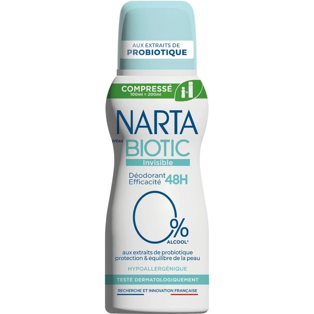 Weißes Deodorant mit blauem Deckel. Aufschrift: Narta Biotic Invisible, 0% Alkohol, 48H. Mit Probiotika-Extrakten.