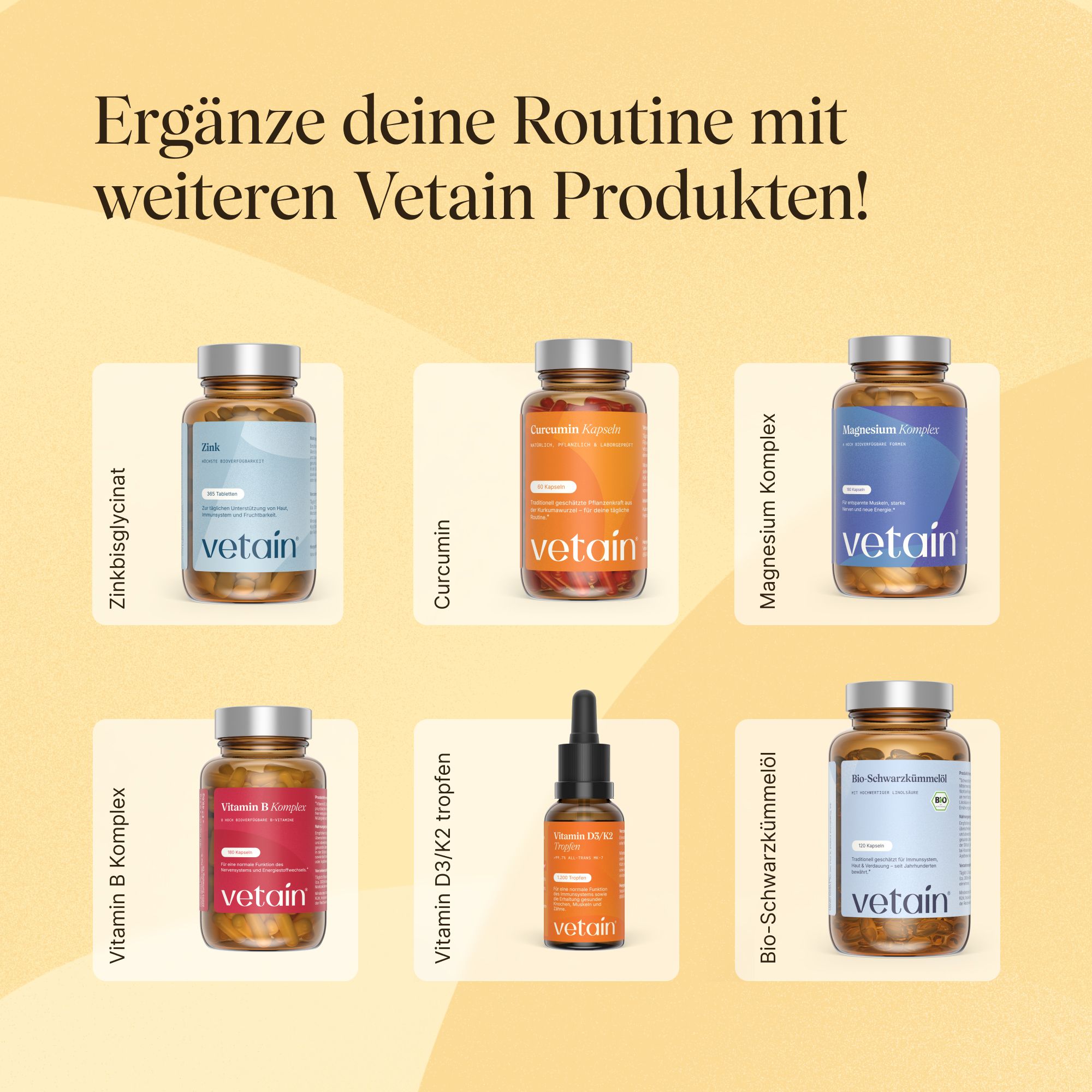 VETAIN Produktübersicht: verschiedene Vitaminpräparate in Braunglasdosen mit silbernen Deckeln.