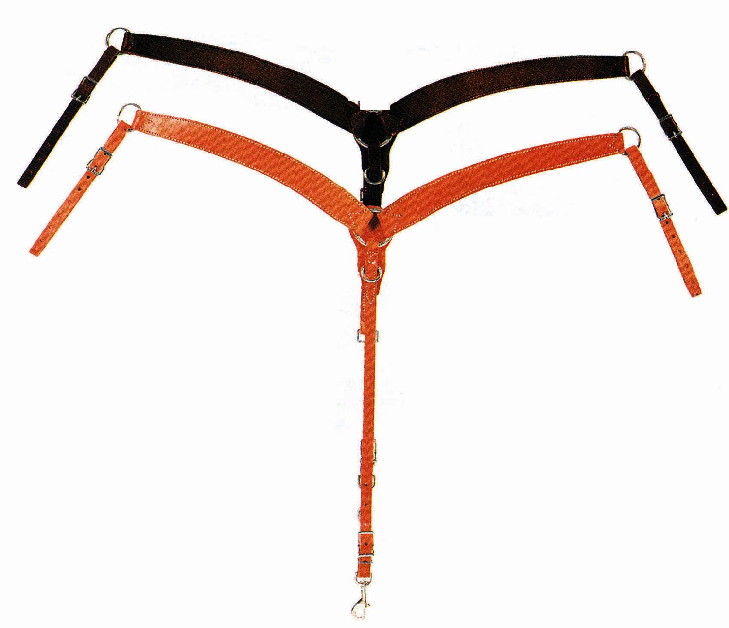 Zwei Westernvorderzeuge. Oben schwarz, unten orange. Leder mit Riemen und Schnallen.