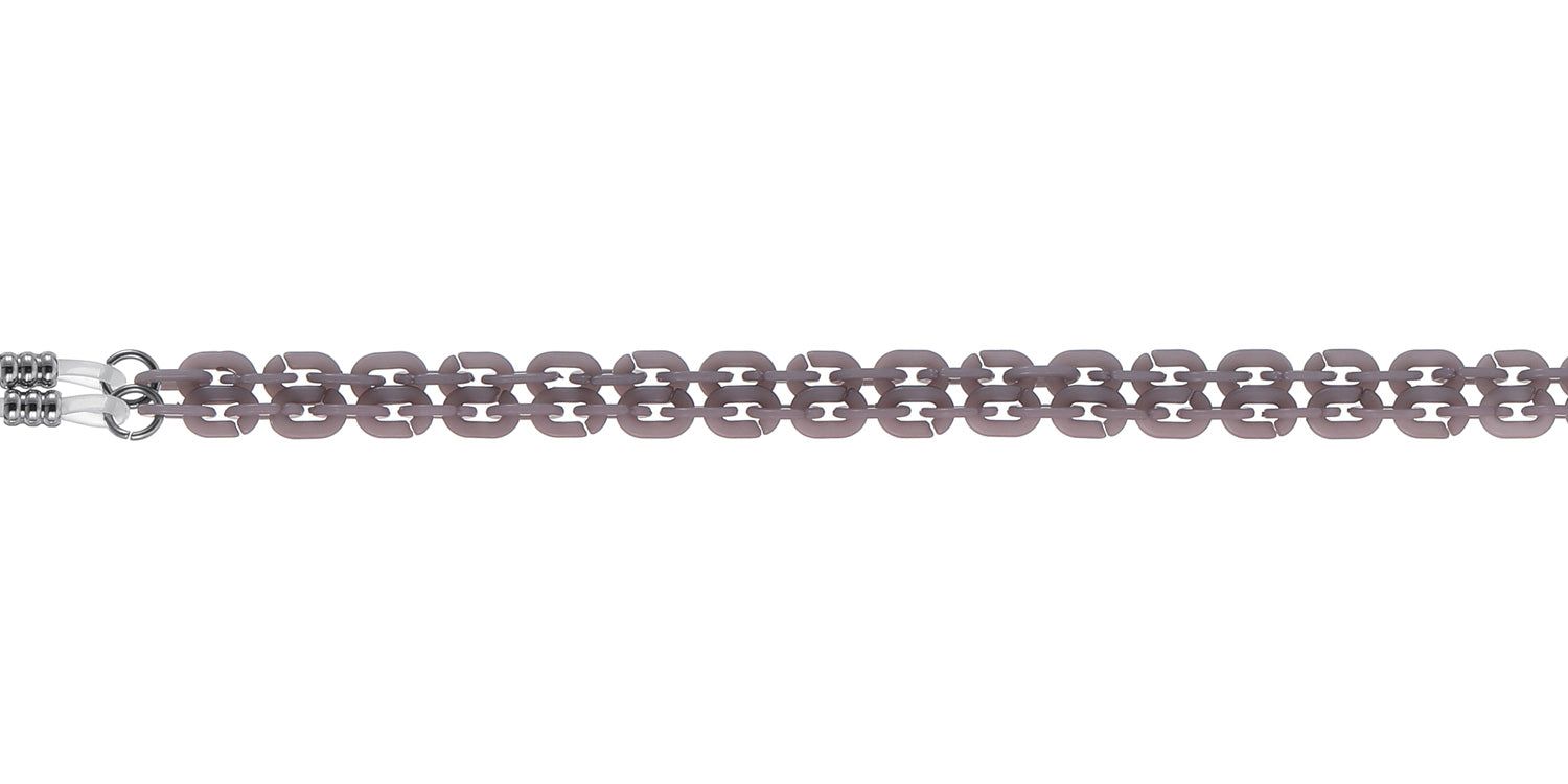 Graue Brillenkette, Detailansicht der Kettenglieder und silberfarbenen Enden. Auf weißem Hintergrund.