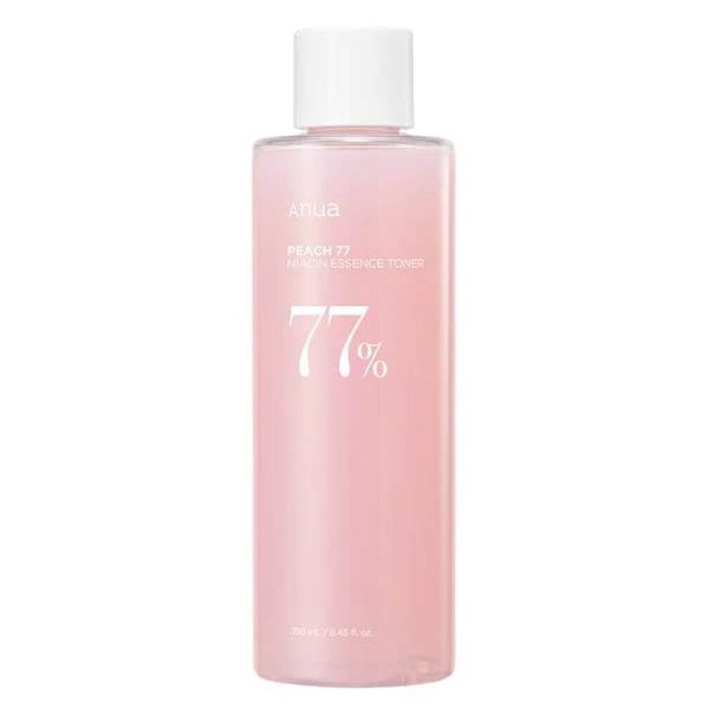ANUA Peach 77% Niacin Essence Toner in einer durchsichtigen Flasche mit weißem Deckel.