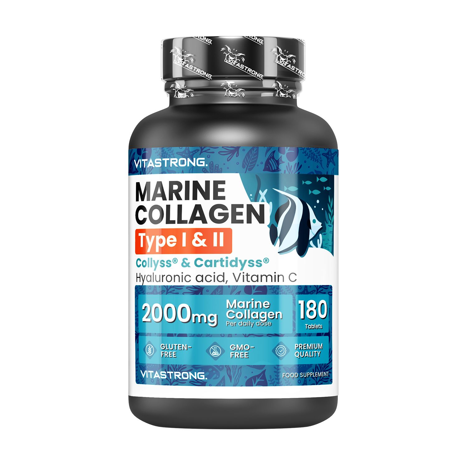 Vitastrong Marine Collagen Typ 1&2, 180 Tabletten. Schwarze Dose, weißer Deckel. Blaue Grafik, Text.