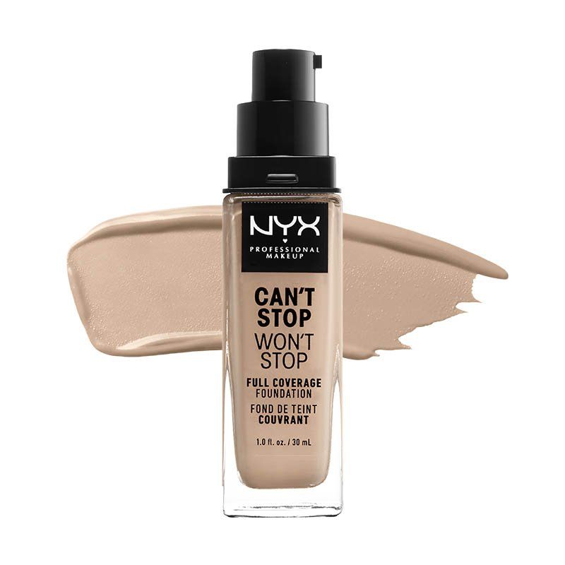 Flasche des NYX Professional Make-up "Can't Stop Won't Stop" Make-up-Fundaments mit Pumpspender.