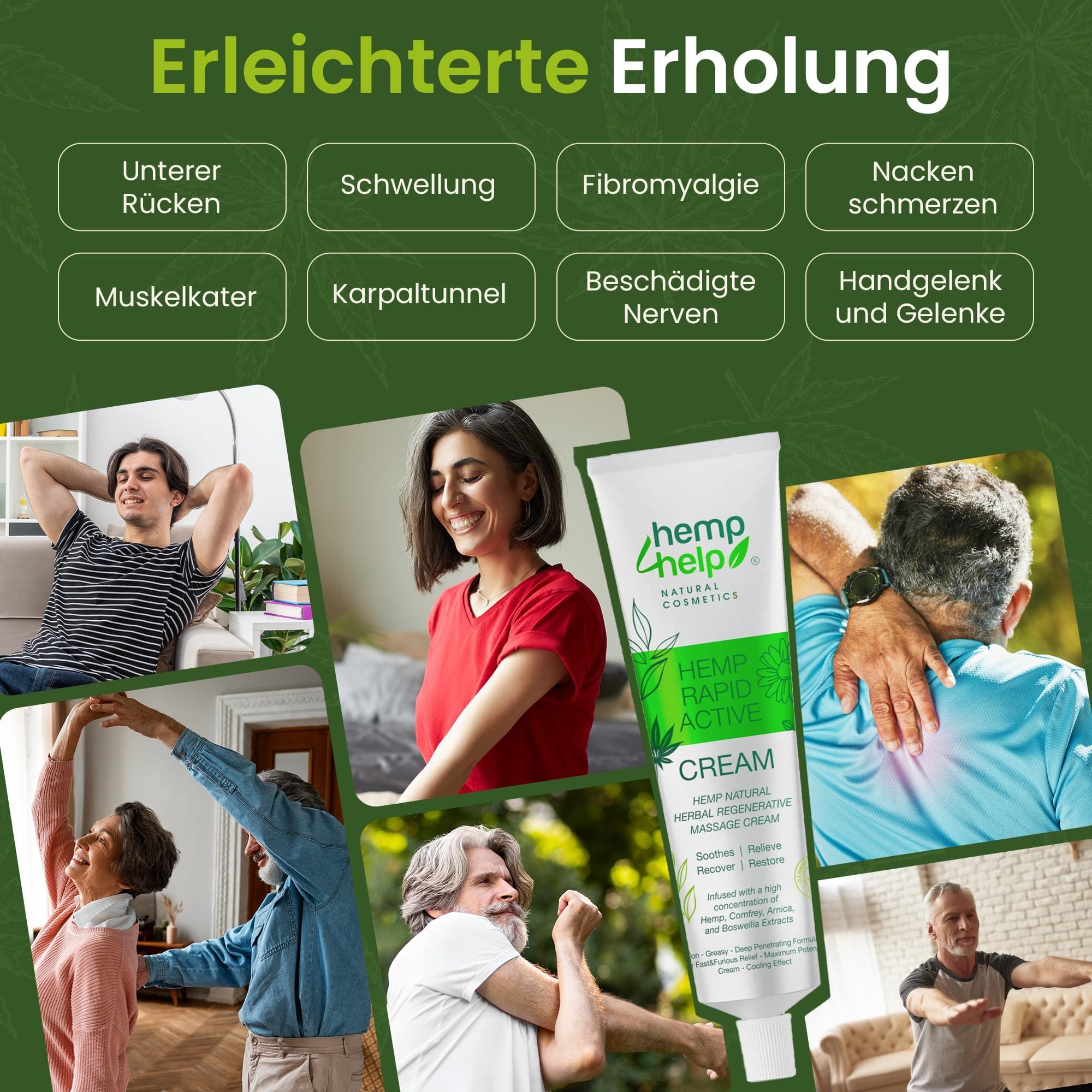 Verschiedene Personen in Alltagssituationen. Creme-Tube. Text: Erleichterte Erholung. Unterer Rücken, Schwellung, etc.