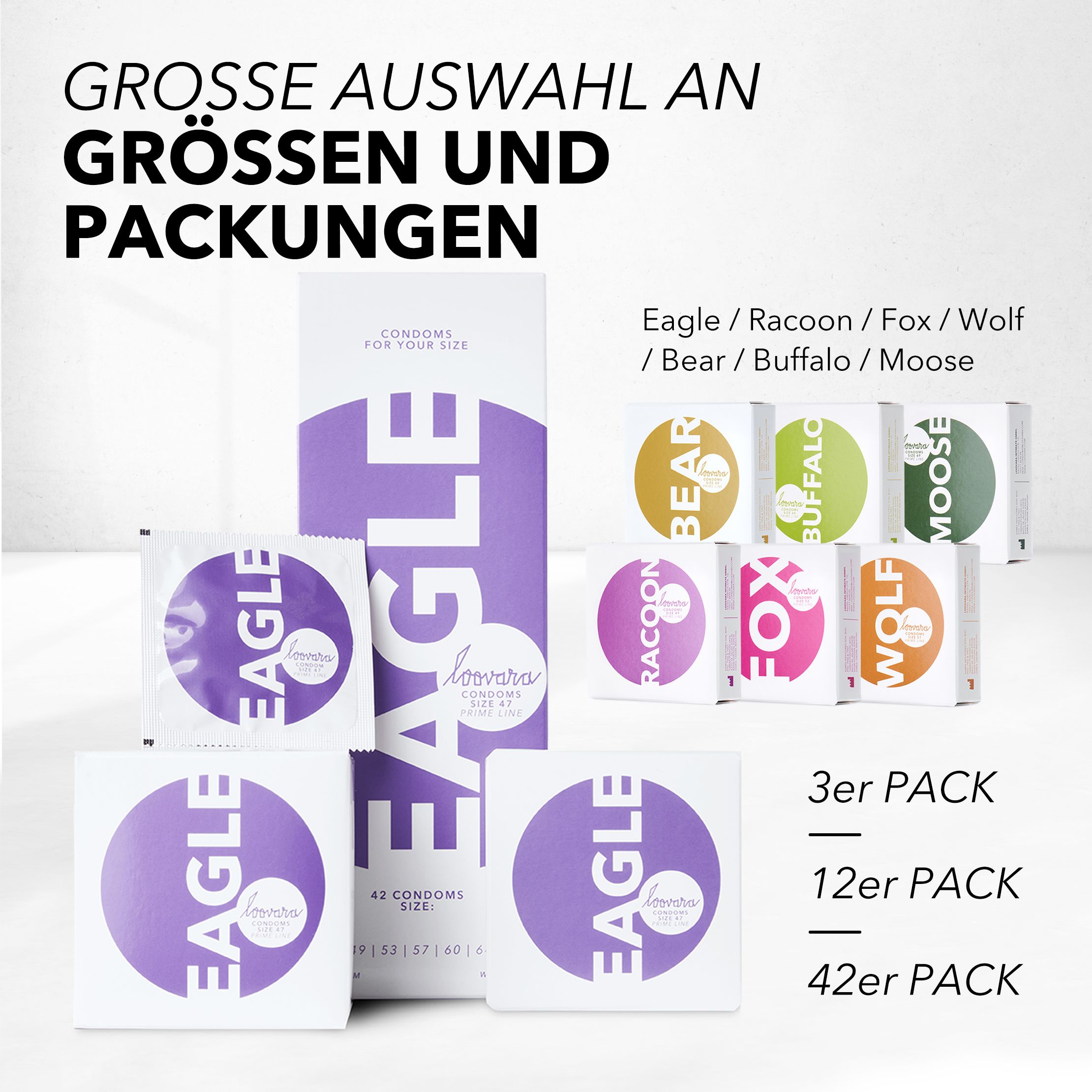 Verschiedene Kondom-Verpackungen. Text: Große Auswahl an Größen und Packungen. Eagle, Raccoon, Fox, Wolf, Bear, Buffalo, Moose. 3er, 12er, 42er Pack.