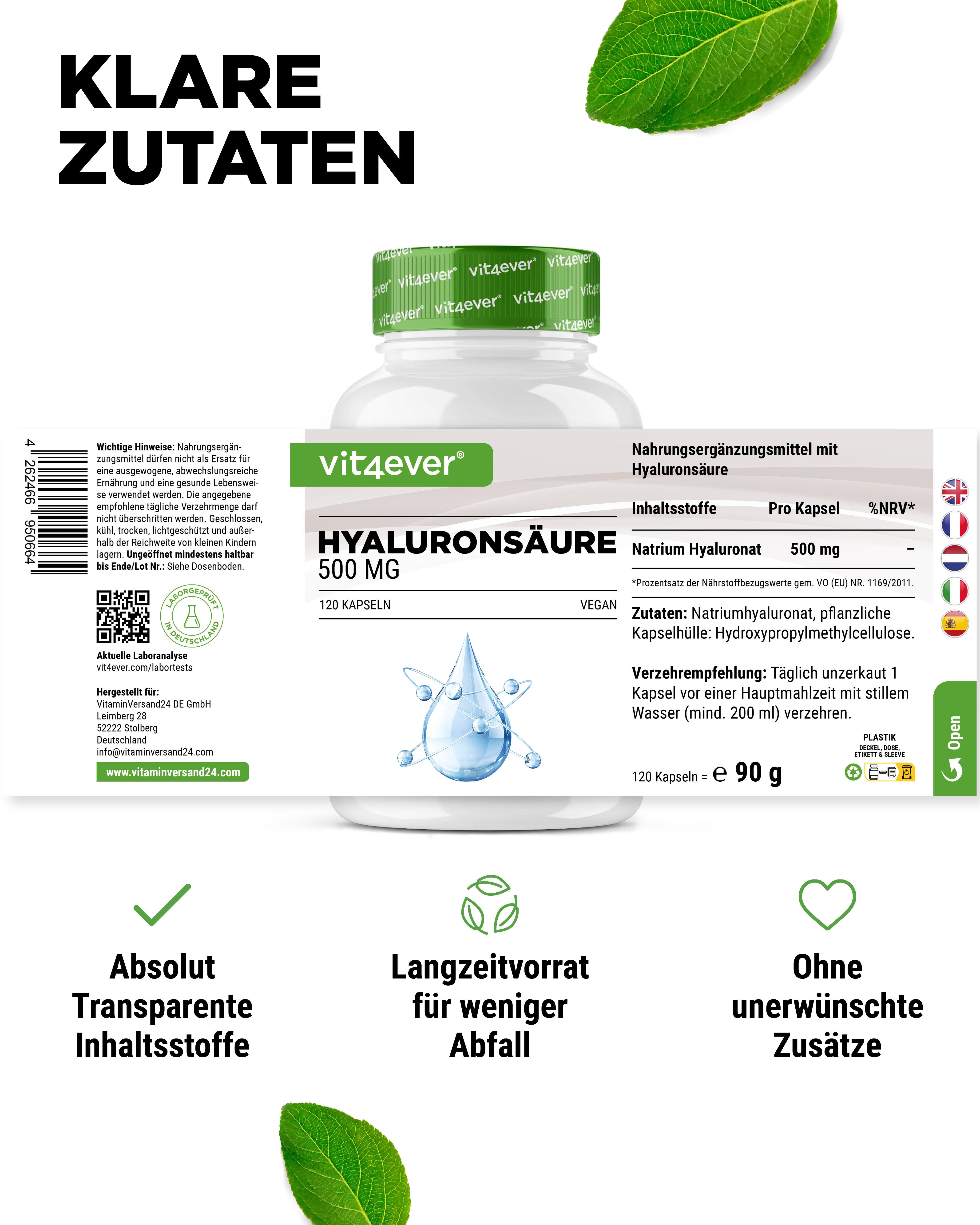 Produktflasche mit Aufschrift Hyaluronsäure, 120 Kapseln. Text: Transparente Inhaltsstoffe, Langzeitvorrat, Ohne unerwünschte Zusätze.