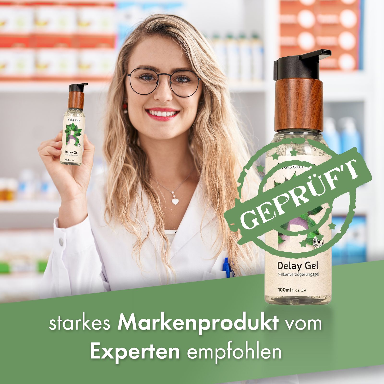 Frau mit Brille hält eine Flasche Delay Gel. Geprüft-Stempel. Text: starkes Markenprodukt vom Experten empfohlen.