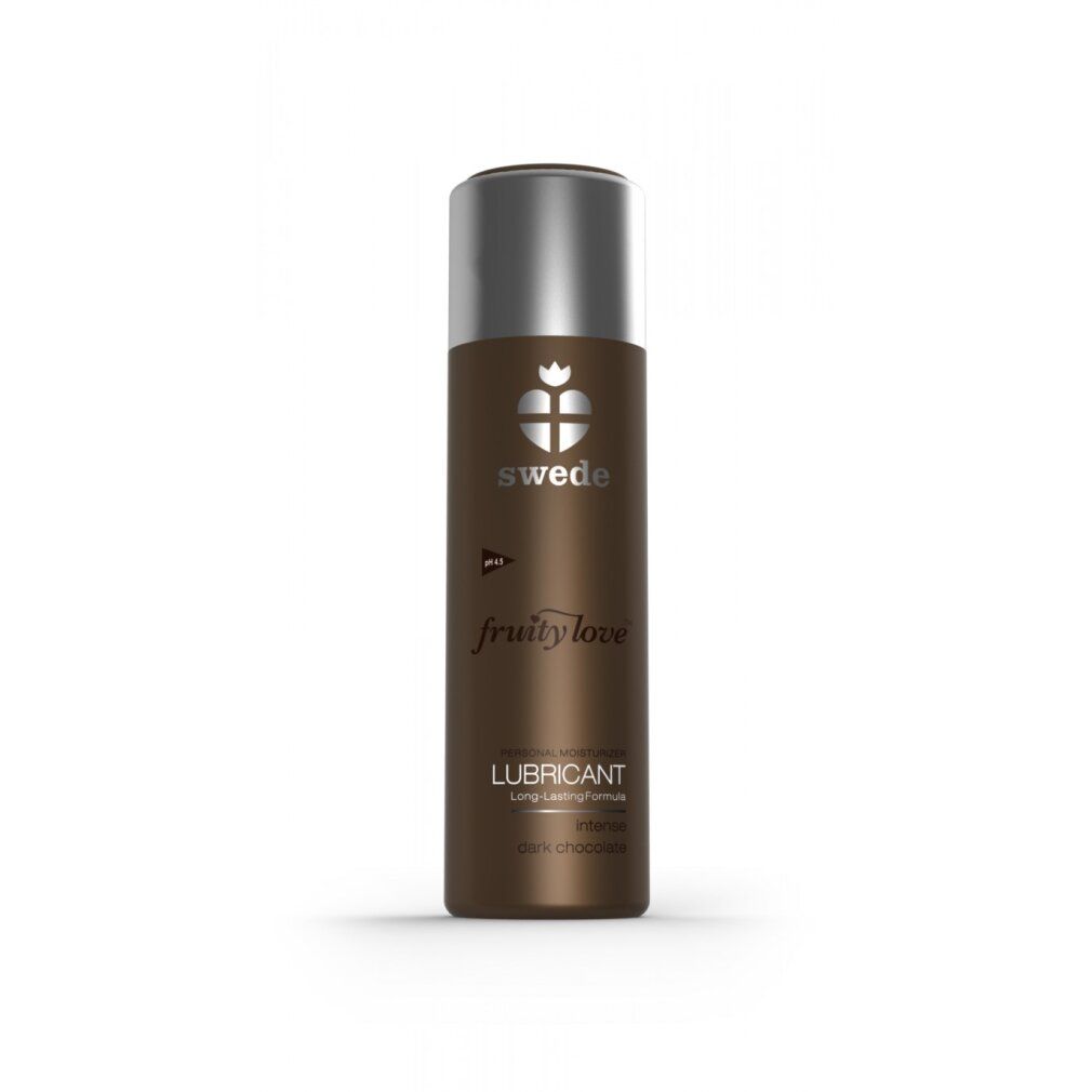 Braune Flasche mit silbernem Deckel. Aufschrift: swede, fruity love, lubricant, dark chocolate.