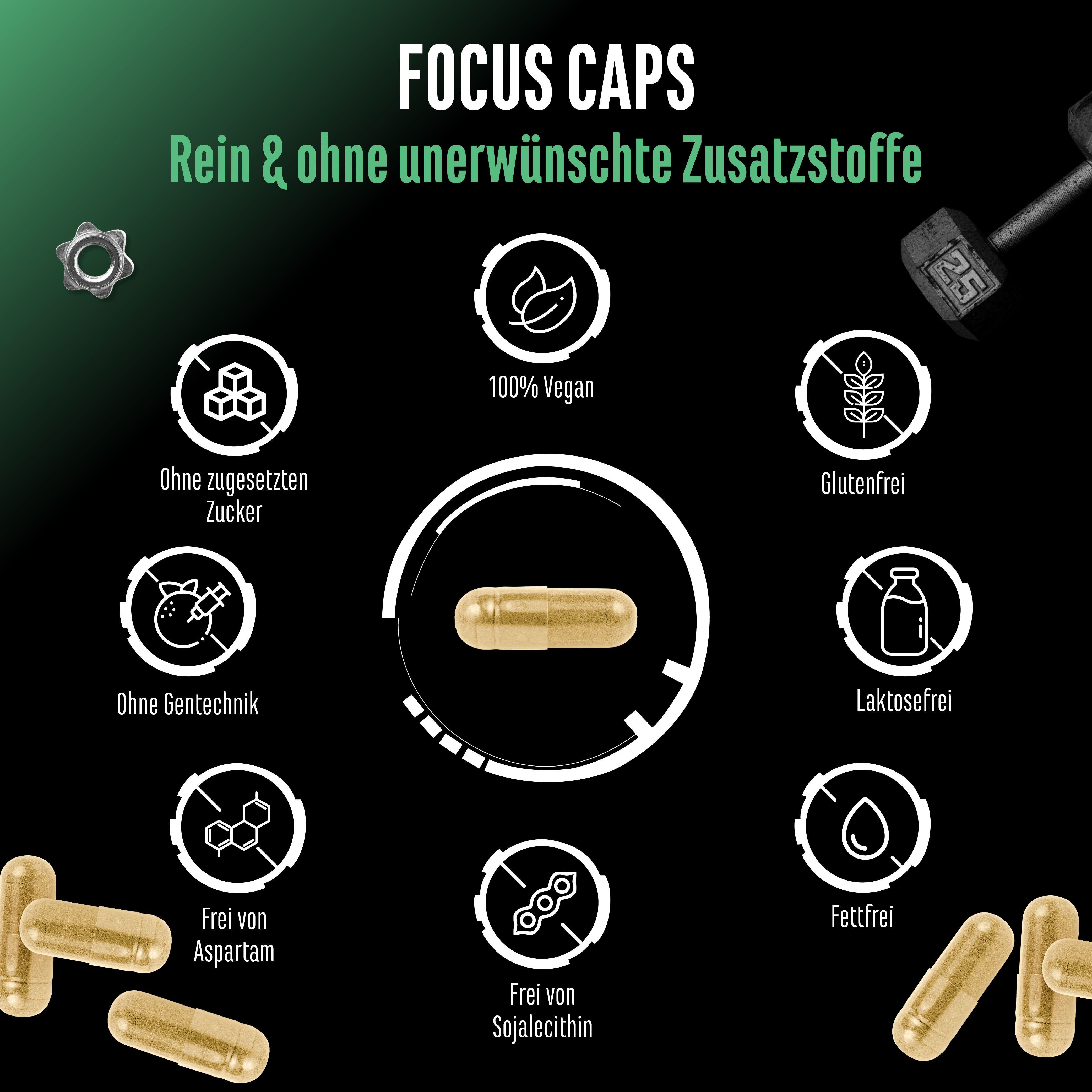 Focus Caps: Rein & ohne unerwünschte Zusatzstoffe. 100% vegan, ohne Zucker, ohne Gentechnik, ohne Aspartam, ohne Sojalecithin.