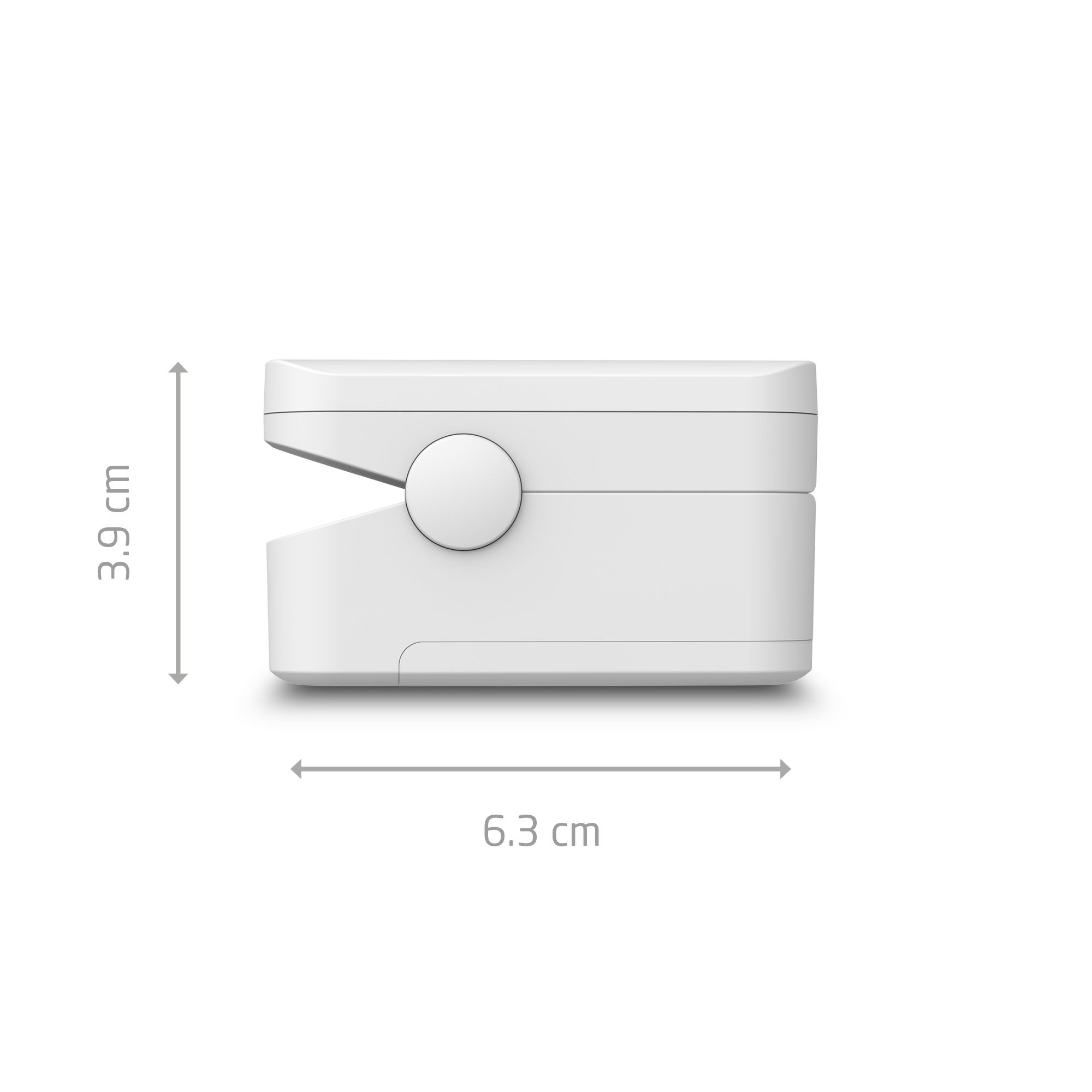 Seitenansicht des weißen Pulsoximeters. Abmessungen: 6,3 cm x 3,9 cm.