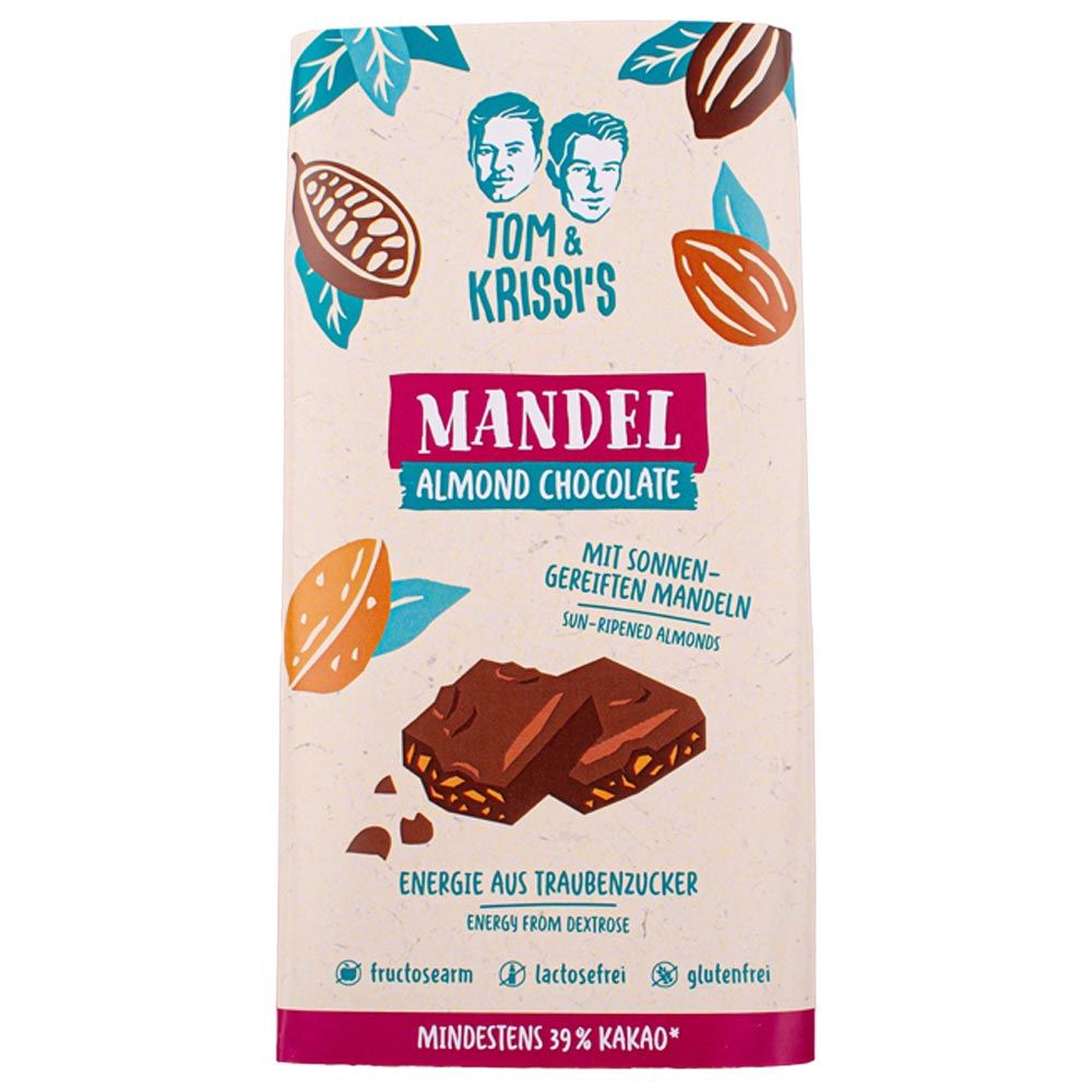 Schokoladentafel mit Mandel- und Kakao-Abbildung. Text: "Mandel Almond Chocolate", "Mindestens 39% Kakao".