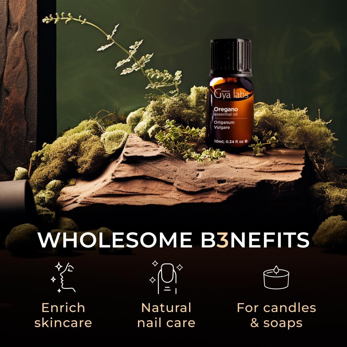 Braune Glasflasche mit Oreganoöl auf Holz. Text: Wholesome Benefits. Logos: Enrich Skincare, Natural Nail Care, For candles & soaps. Gya Labs.