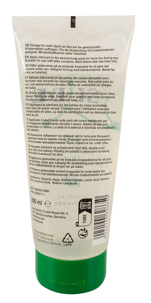 Rückseite einer Tube mit transparentem Gel und grünem Verschluss. Text in mehreren Sprachen, Inhaltsstoffe.