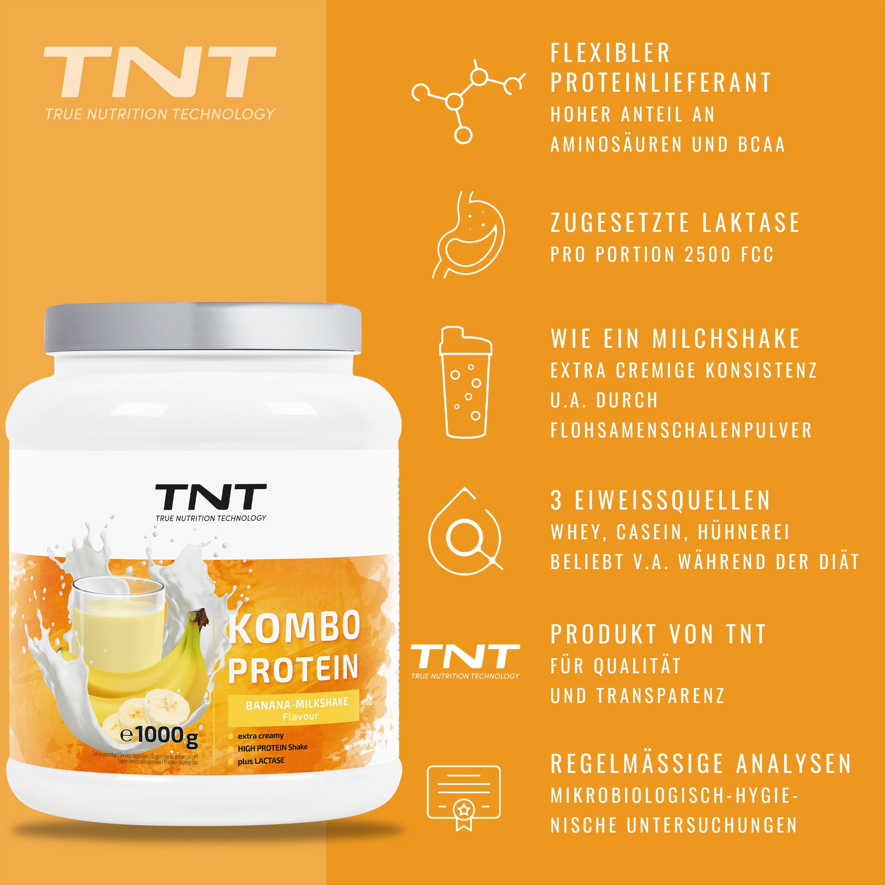 Weißes TNT Kombo Protein-Behälter mit gelbem Etikett. Text: Kombo Protein, Banana Milkshake. Aufschrift: e1000g. Auf orangefarbenem Hintergrund.