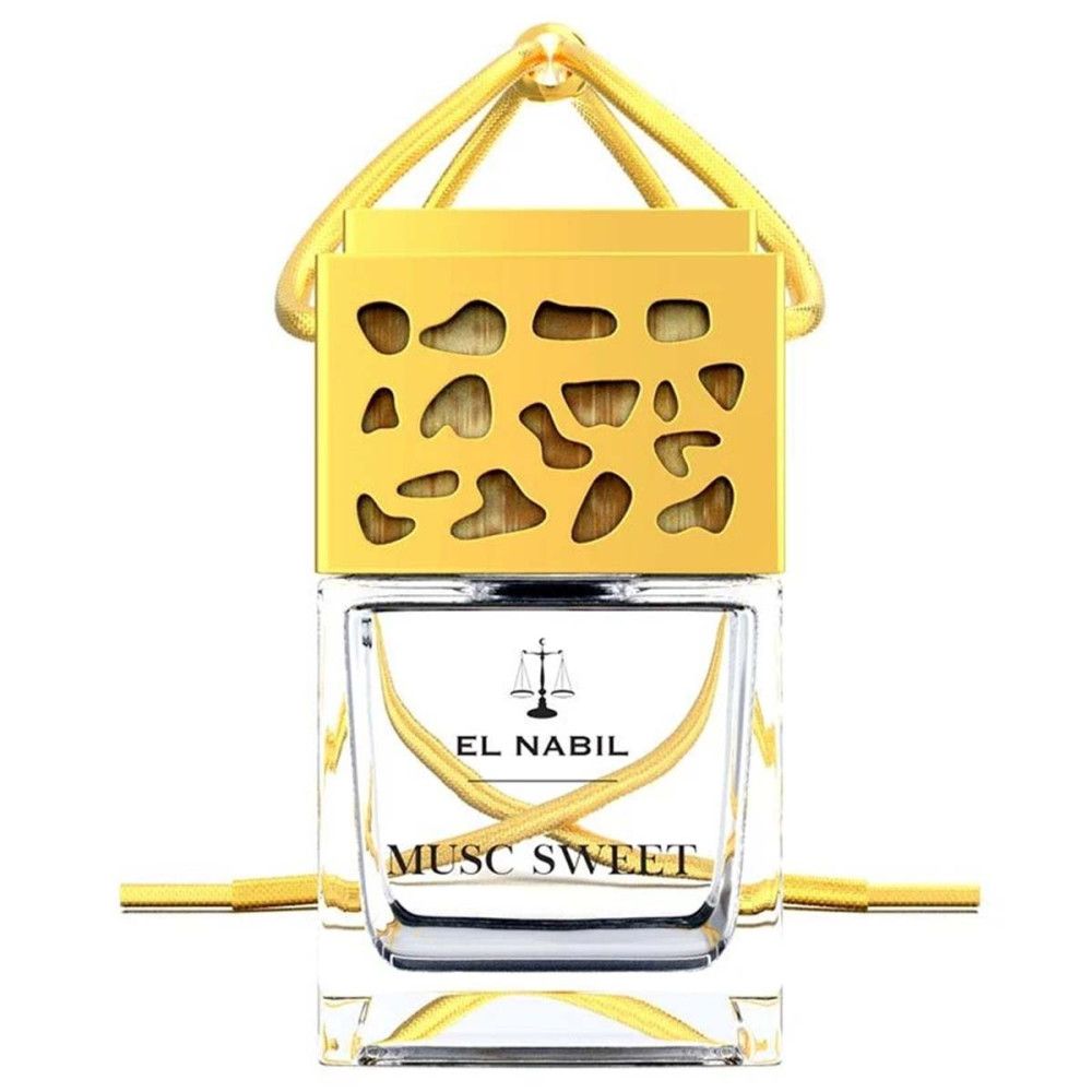 Goldene Kappe mit durchbrochenem Muster auf einer rechteckigen Glasflasche mit "EL NABIL MUSC SWEET" Aufschrift.