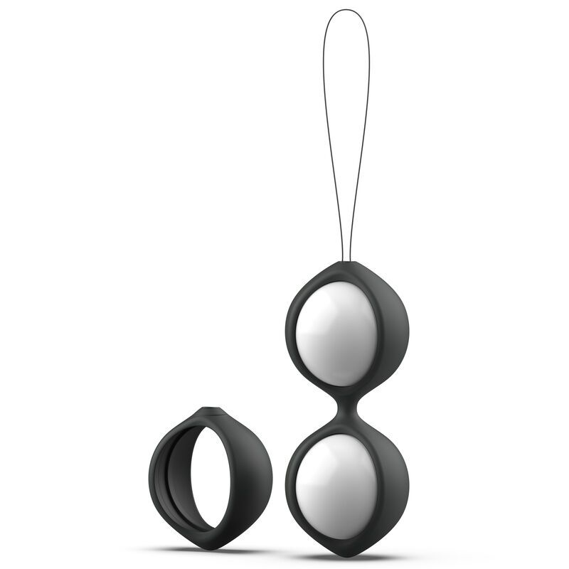 Zwei ineinandergreifende schwarze Ringe mit weißen Kugeln, verbunden durch eine Schlaufe.