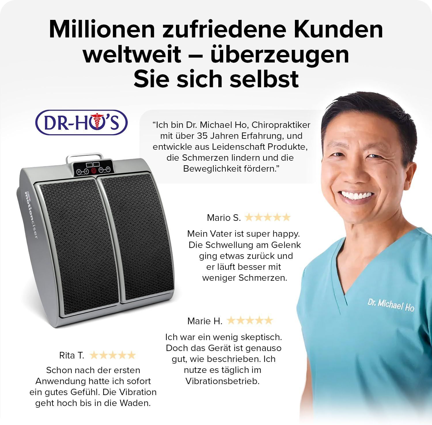 Fußmassagegerät mit Gitteroberfläche und Bedienelementen, neben einem lächelnden Mann und Kundenrezensionen.