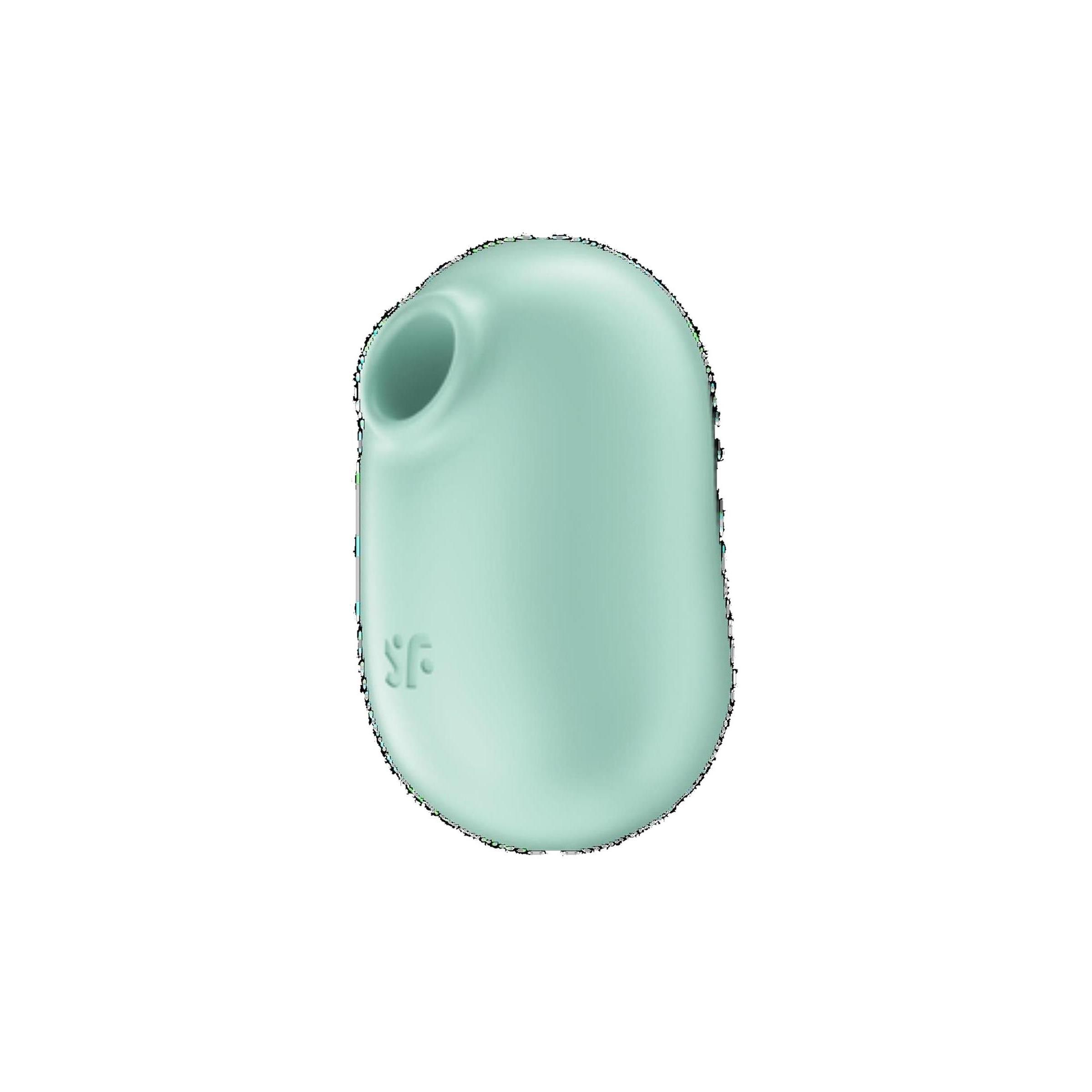 Mintfarbener, ovaler Vibrator mit einer Öffnung. Das Produkt hat das Logo "sf".