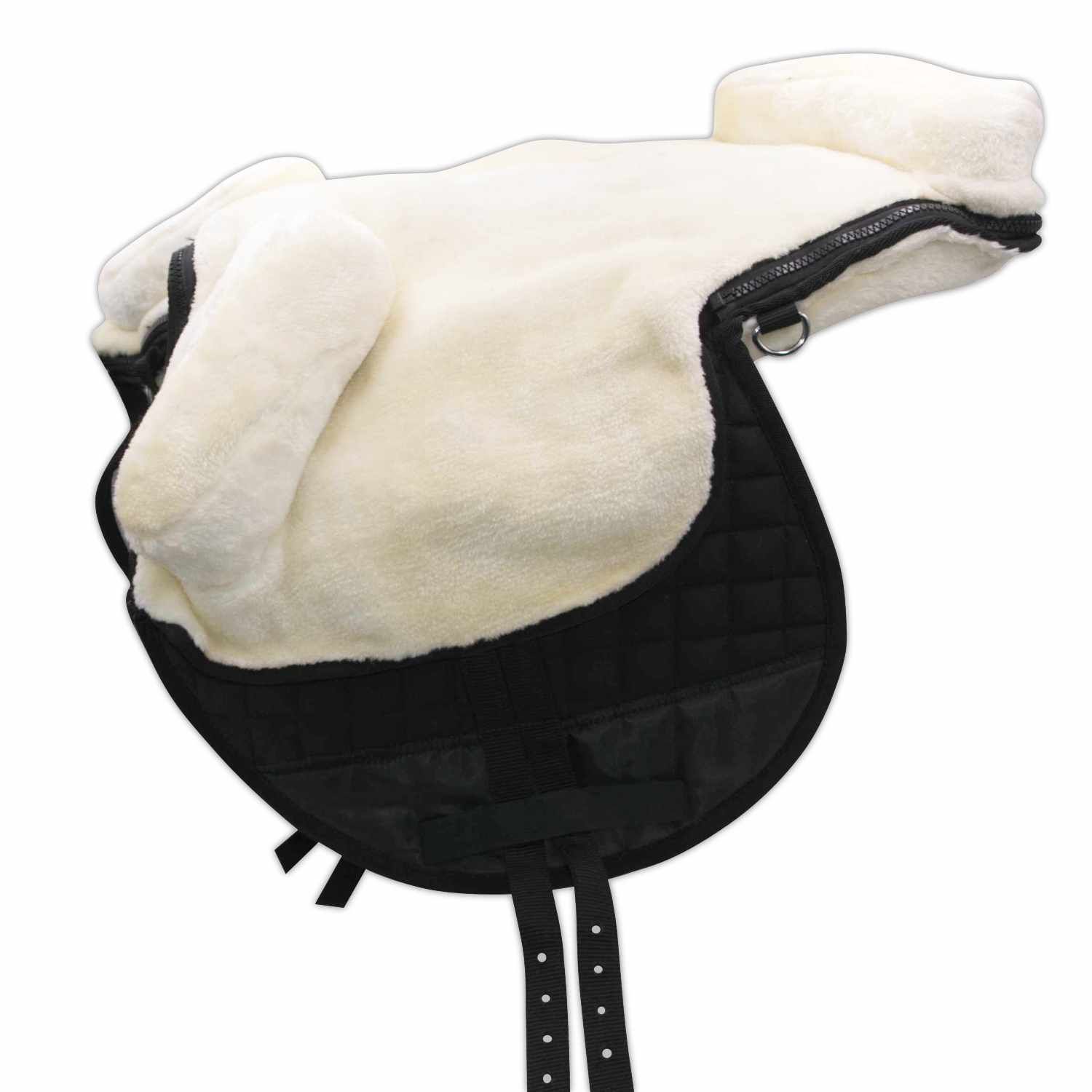 Reitsattel mit weißem Fell und schwarzem Unterteil. Mit Reißverschluss und Riemen.