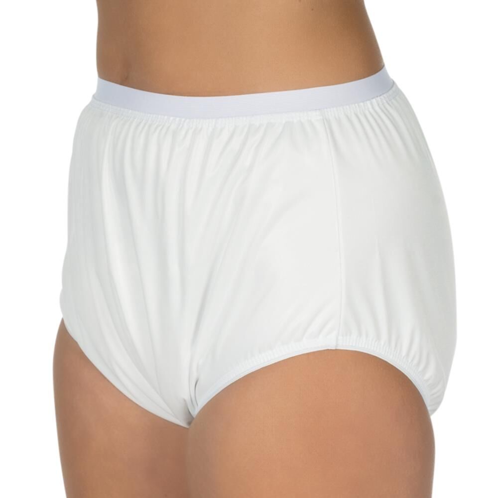 Weißer Inkontinenz-Slip, Schlupfform, mit weißem Bund. Seitliche Ansicht, getragen von einer Person.