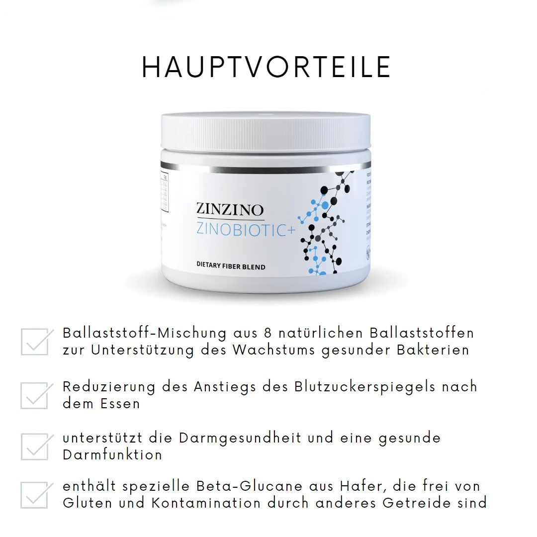 Weißes Produktglas mit blau-schwarzem Design. Aufschrift: ZINZINO ZinoBiotic+. Dietary Fiber Blend. Hauptvorteile: 4 Aufzählungen.