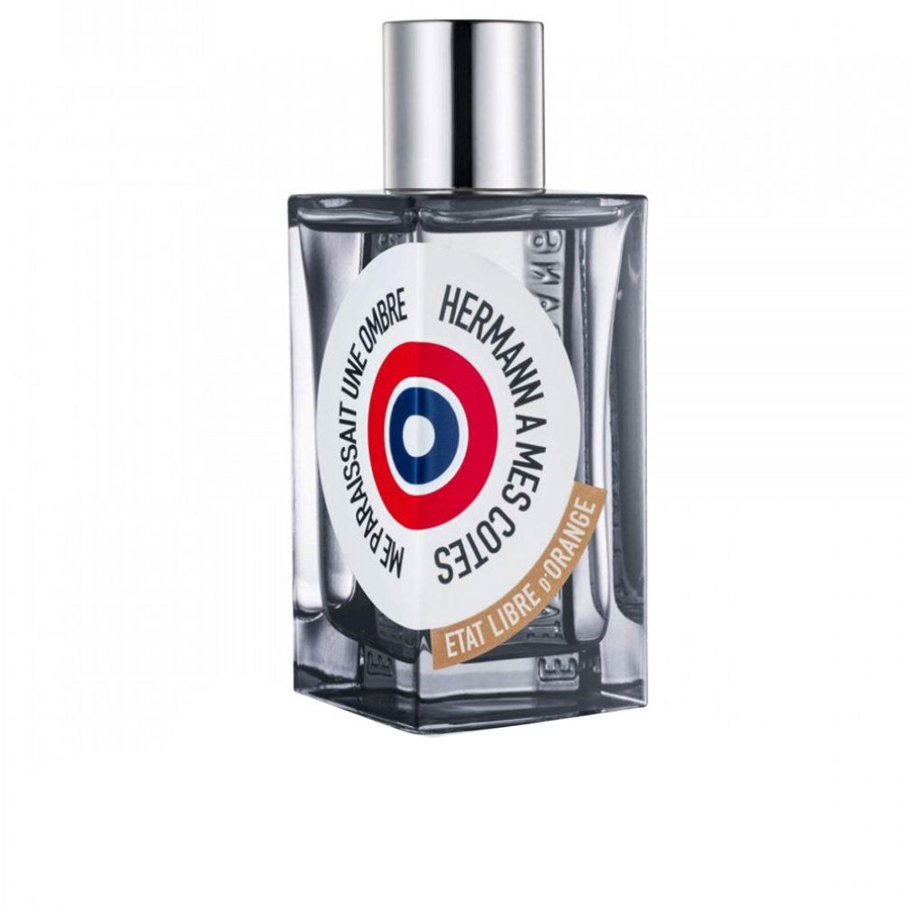 Rechteckiger Flakon mit silbernem Verschluss. Aufkleber mit Logo und Text. Etat Libre d'Orange Hermann a Mes Cotes Edp Spray.