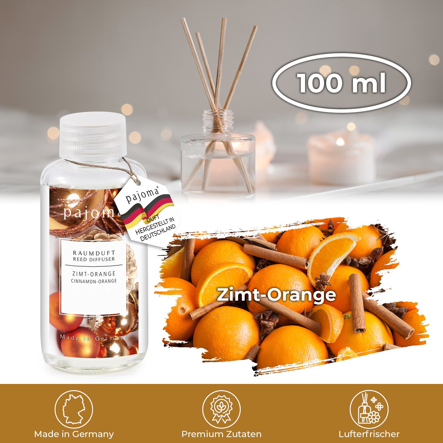 Glasflasche mit Zimt-Orange Raumduft, Stäbchen, Orangen und Zimtstangen. 100 ml.
