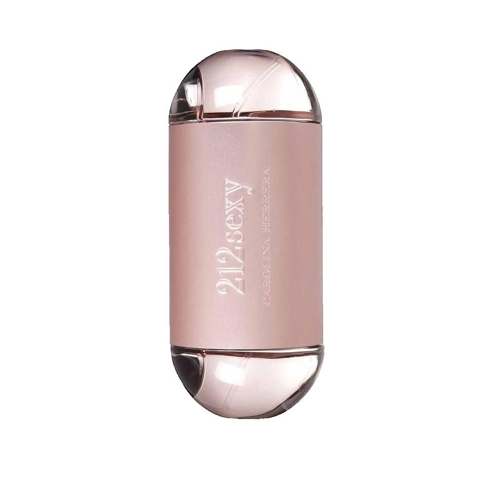 Rosafarbener Flakon mit transparentem Deckel. Aufschrift: 212 sexy, Carolina Herrera. Zylindrische Form mit abgerundeten Enden.