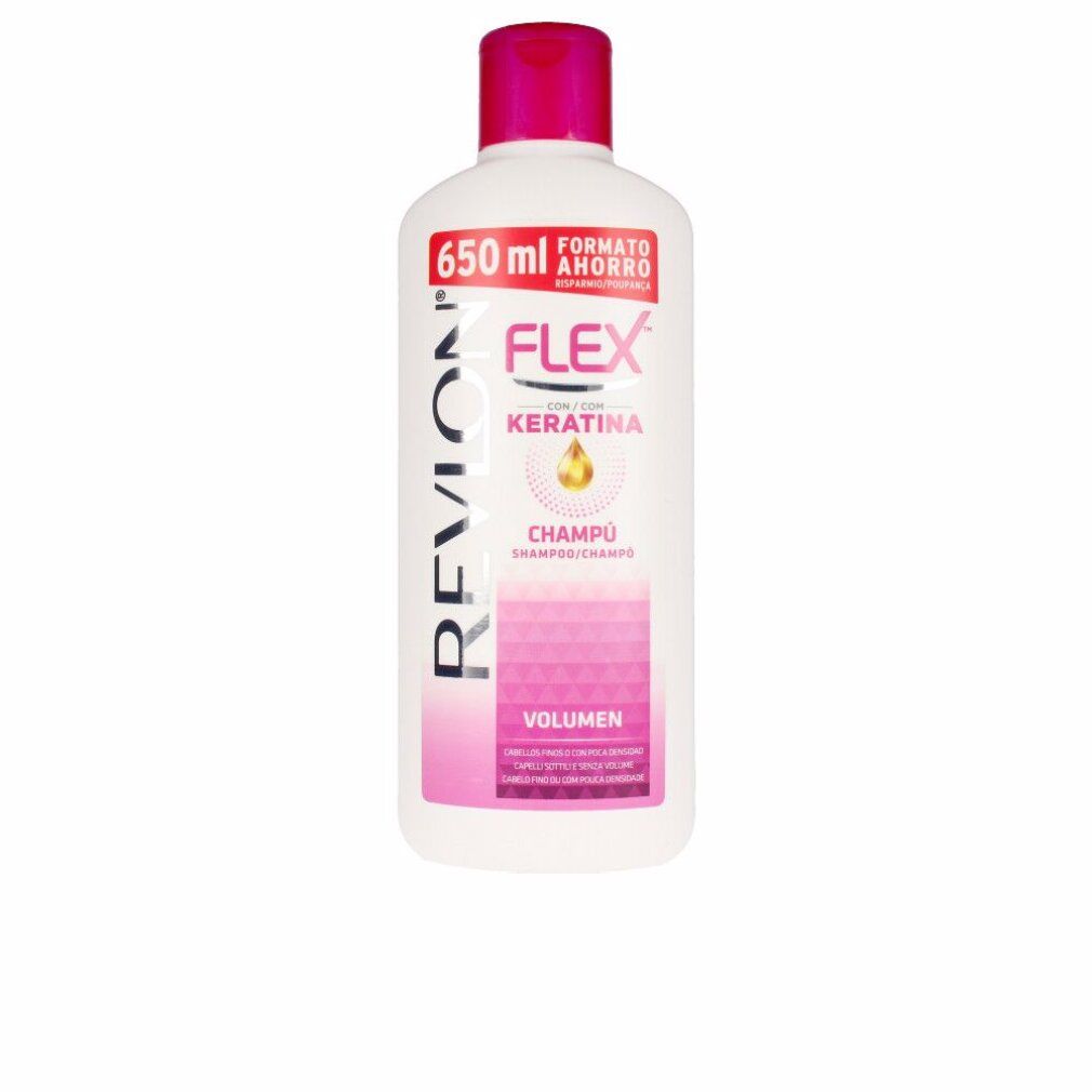 Weiße Flasche mit pinkfarbenem Deckel. Aufschrift: Revlon Flex Keratin Shampoo. Volumen 650 ml. Pinkfarbene und weiße Etiketten.