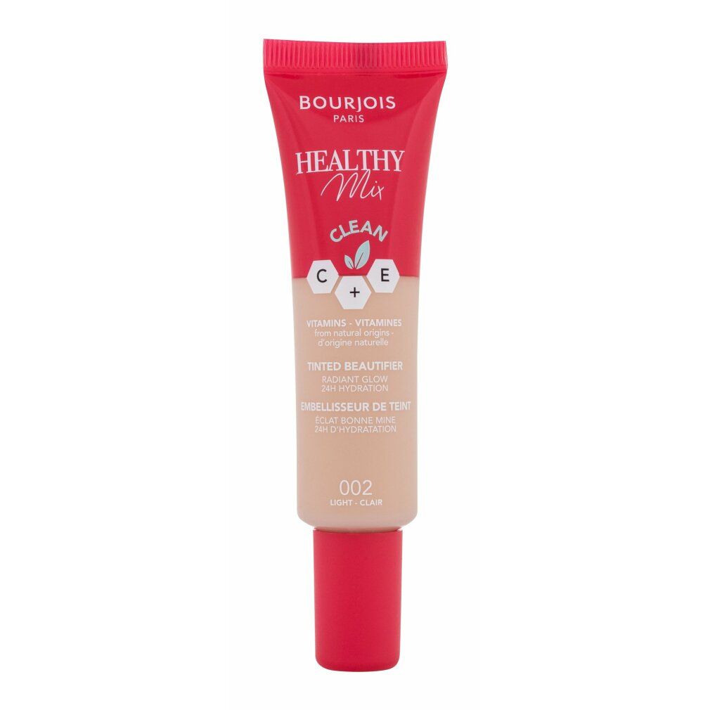 Bourjois Healthy Mix Beautifier. Tube mit rotem Deckel. Farbton 002. Text: Clean, C+E Vitamine.