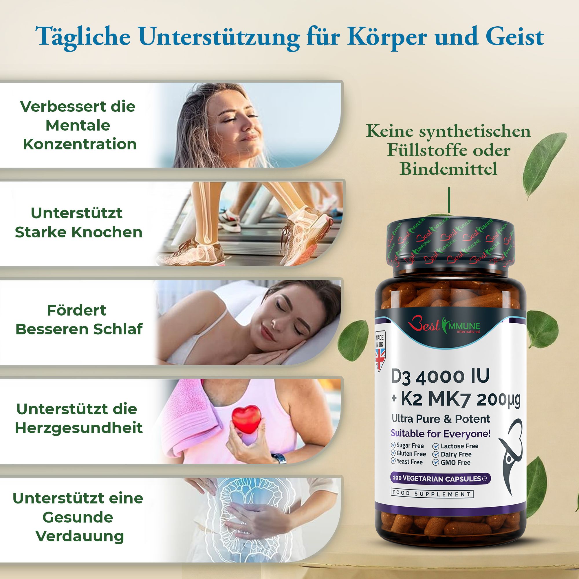 Flasche D3 + K2 MK7 Kapseln neben Darstellungen von Vorteilen für Körper und Geist.