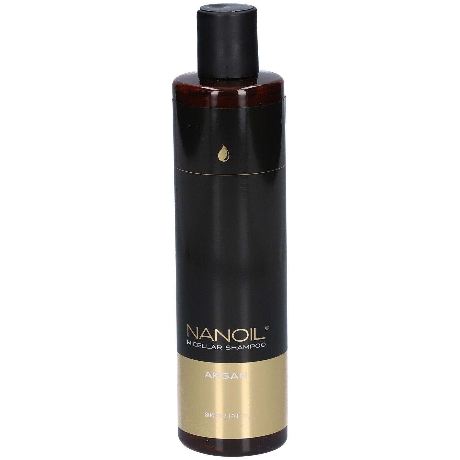 Schwarze Flasche Nanoil Micellar Shampoo Argan mit goldenem Band und Tropfensymbol.