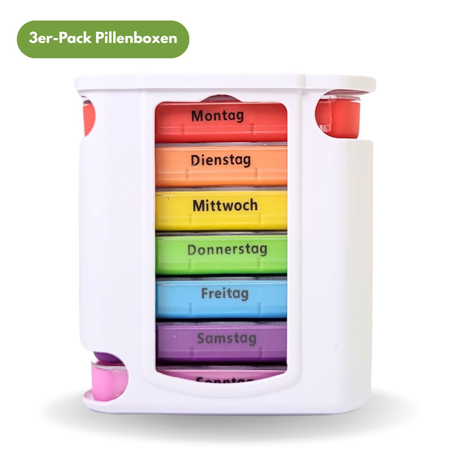 7-Tage-Tablettenbox mit farbigen Fächern für jeden Wochentag.